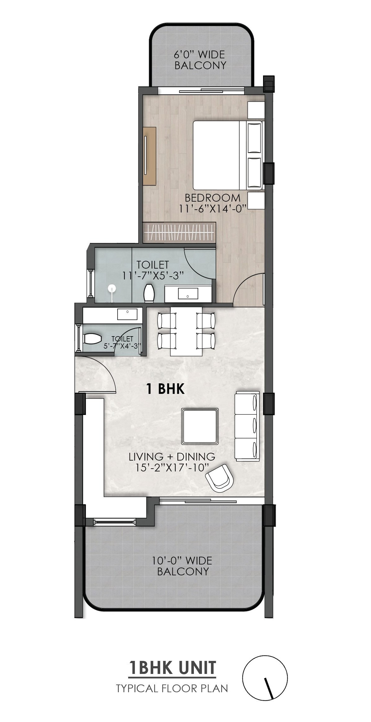 BelAir 1 BHK floor plan with two balconies and two bathrooms