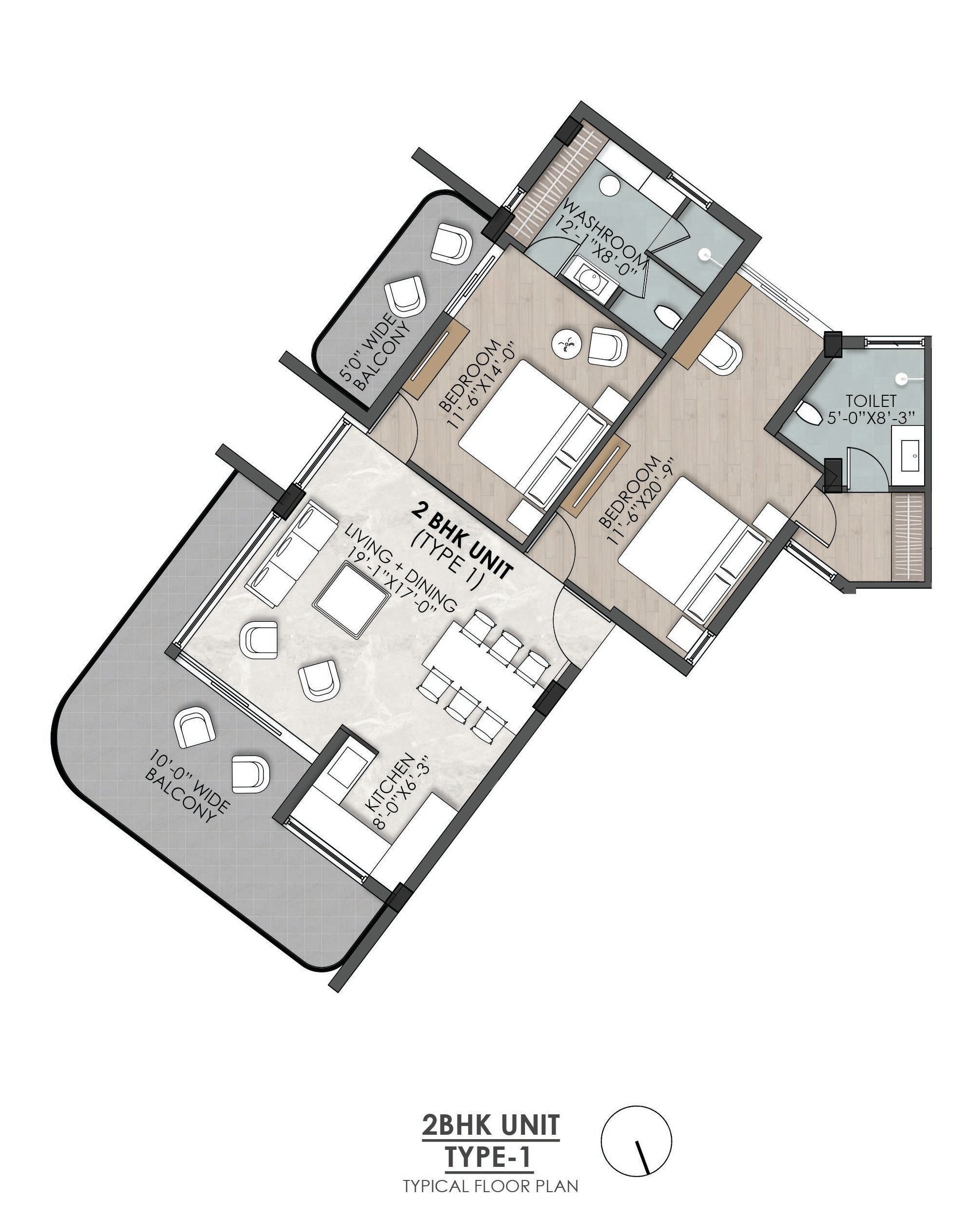 BelAir 2 BHK Type 1 floor plan with expansive living area