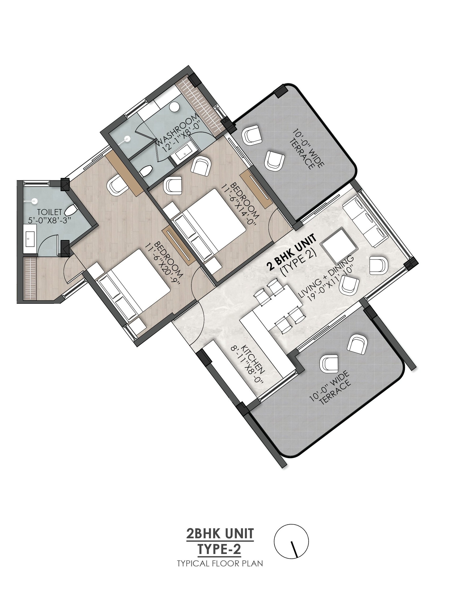 BelAir 2 BHK Type 2 floor plan emphasizing balcony orientation