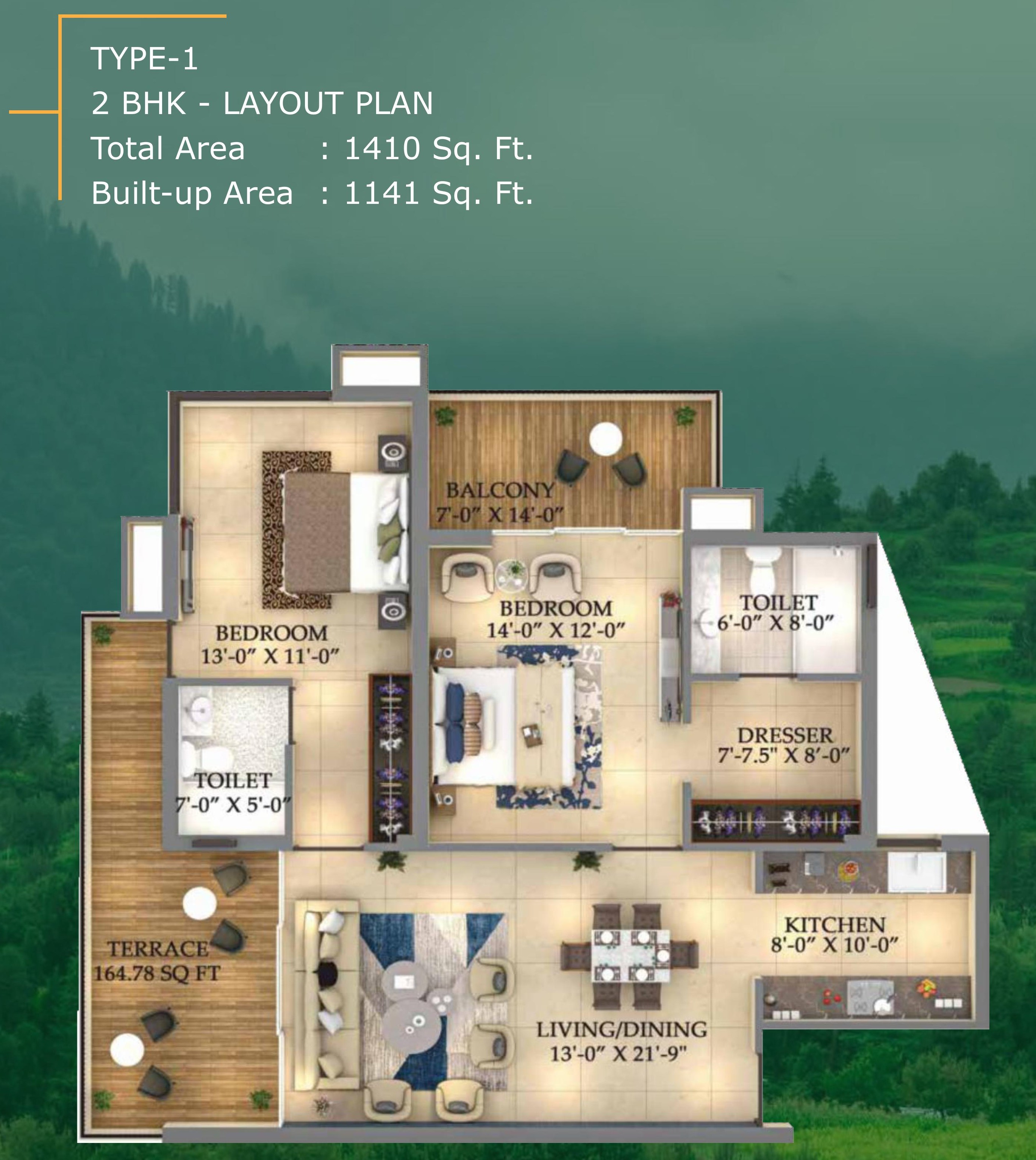 Ourea Valley 2 BHK — Type 1 floor plan