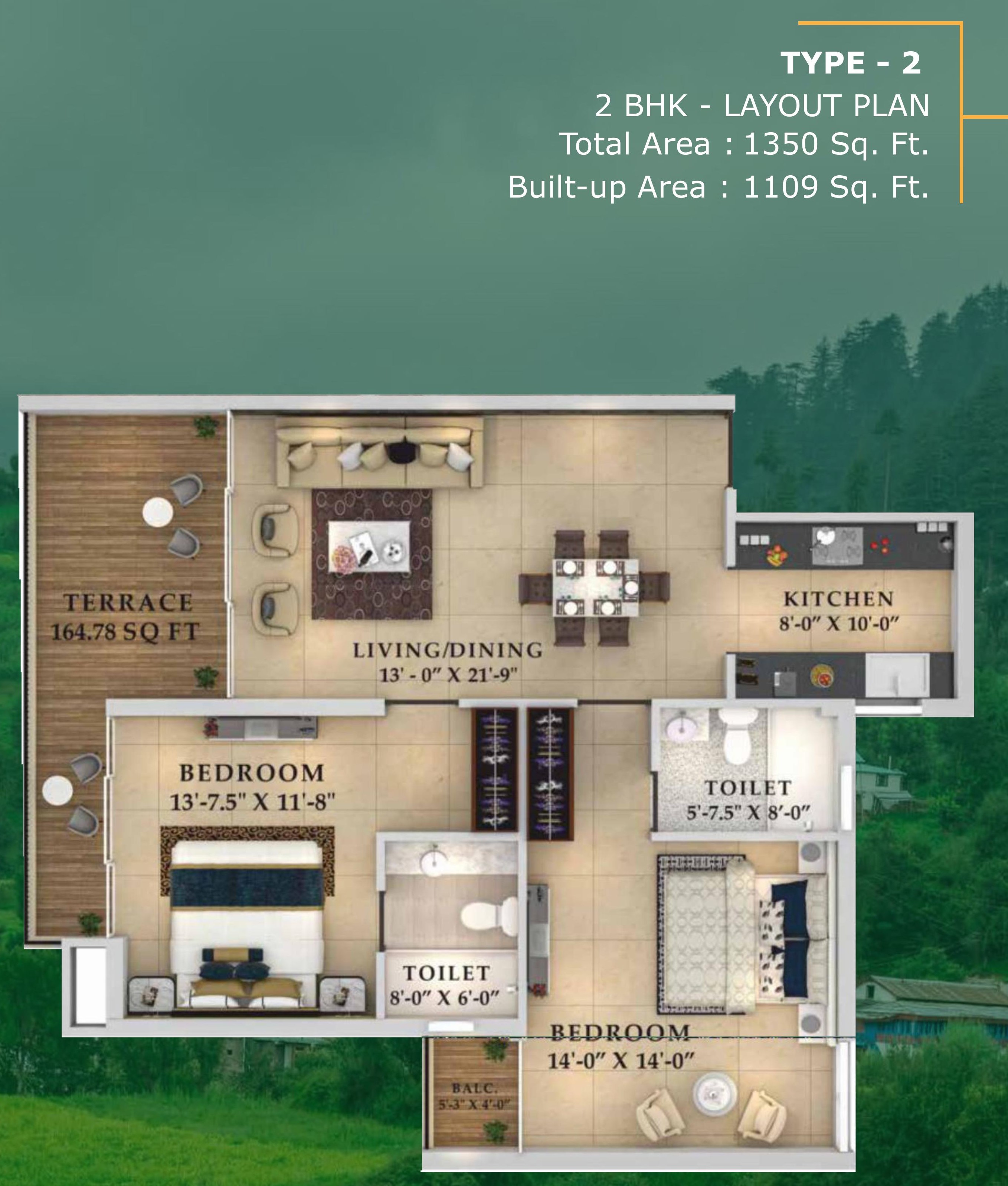 Ourea Valley 2 BHK — Type 2 floor plan