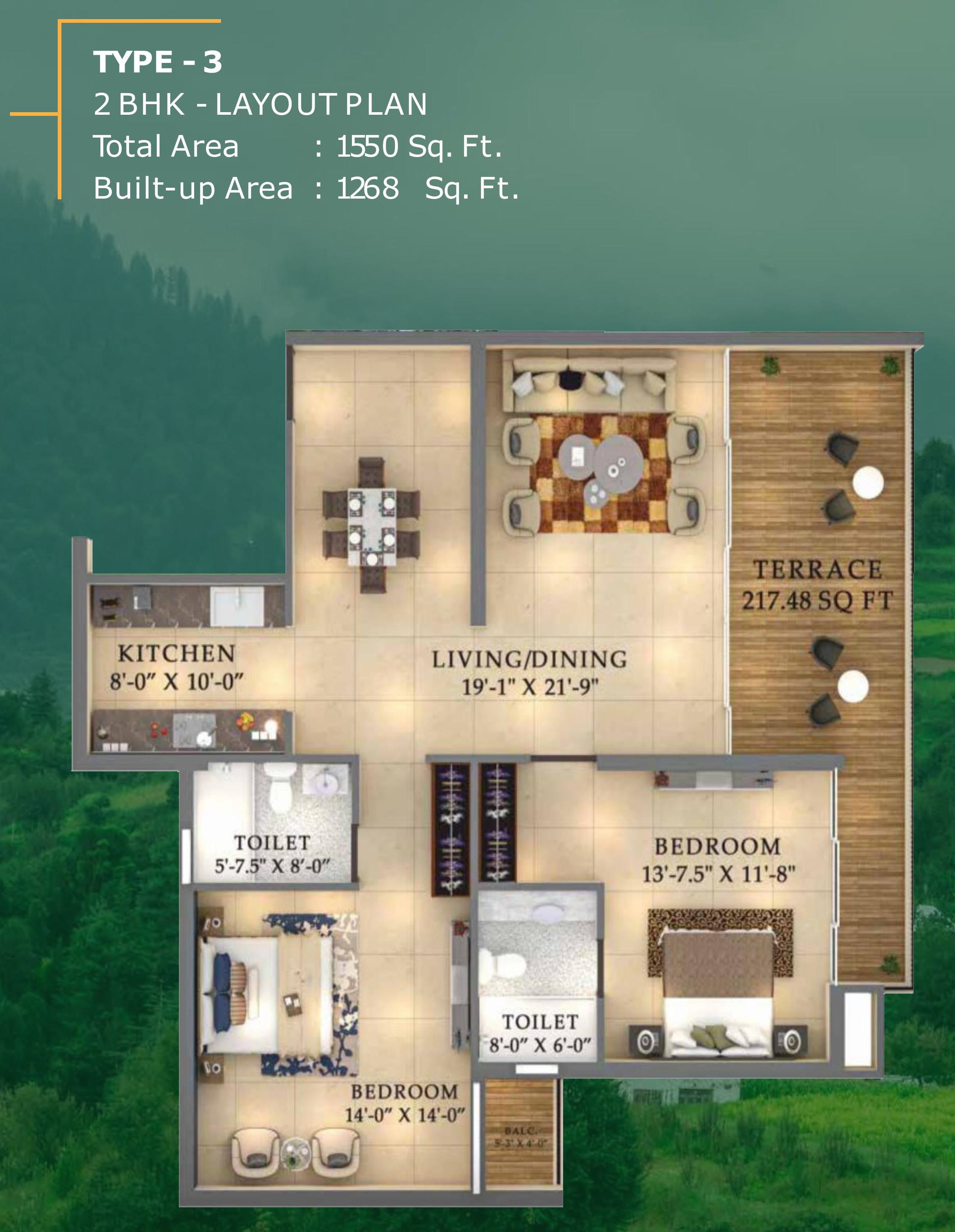 Ourea Valley 2 BHK — Type 3 floor plan