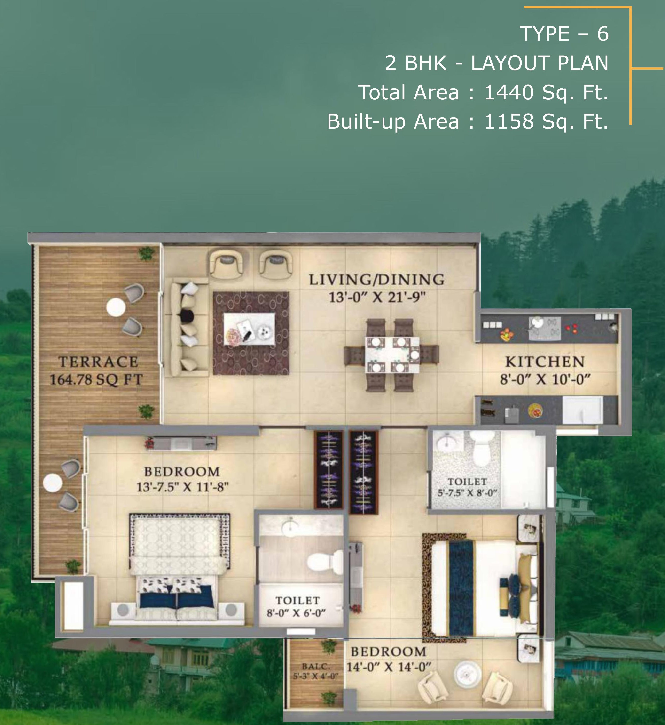 Ourea Valley 2 BHK — Type 6 floor plan
