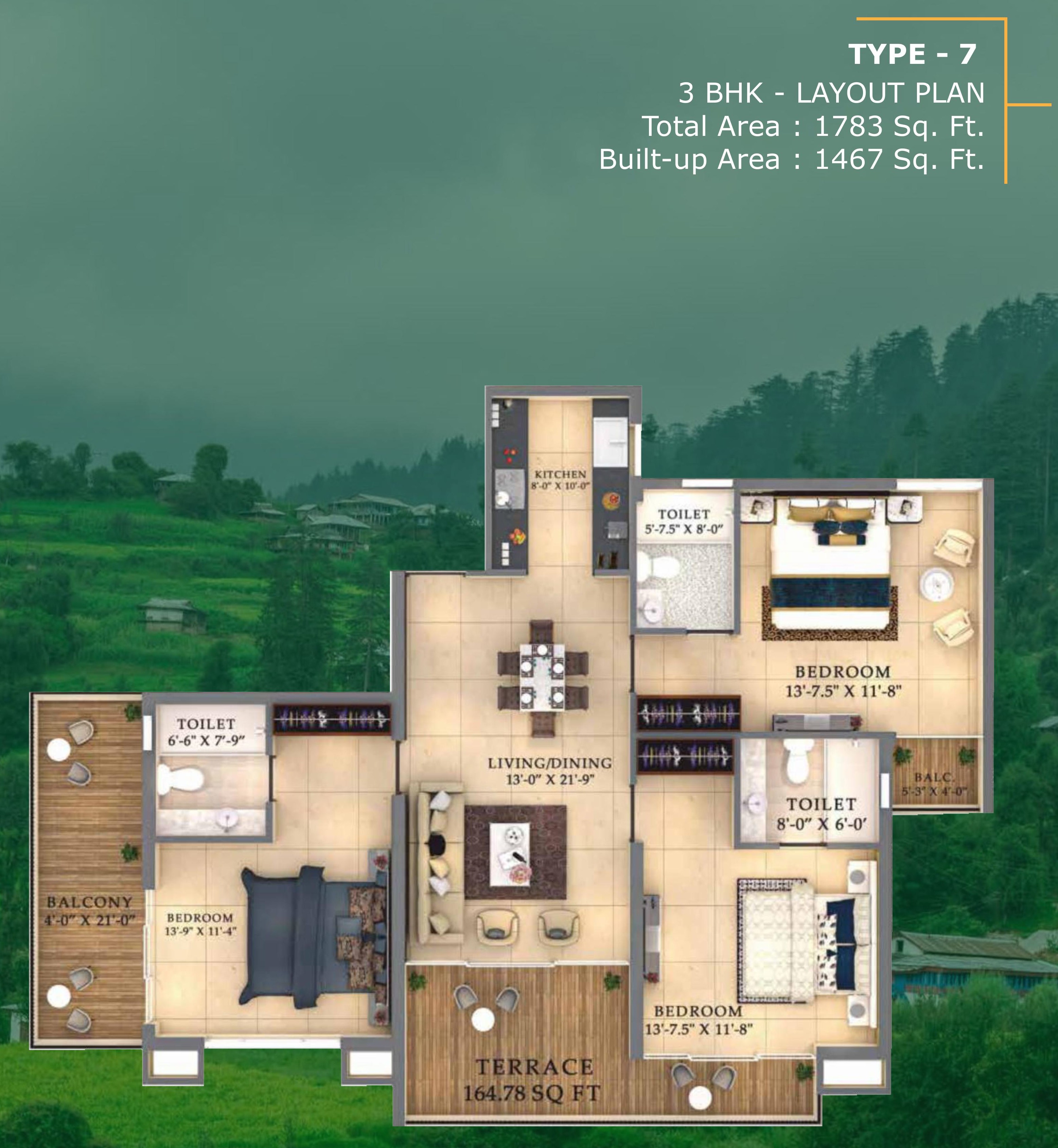 Ourea Valley 3 BHK — Type 7 floor plan
