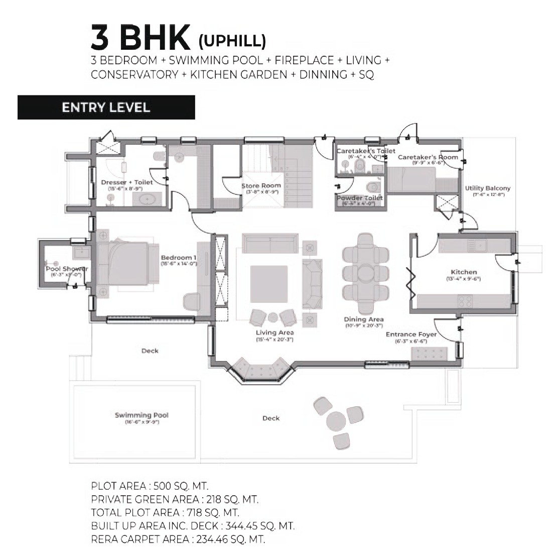 3 BHK Uphill Villa — Entry/Lower Floor Plan