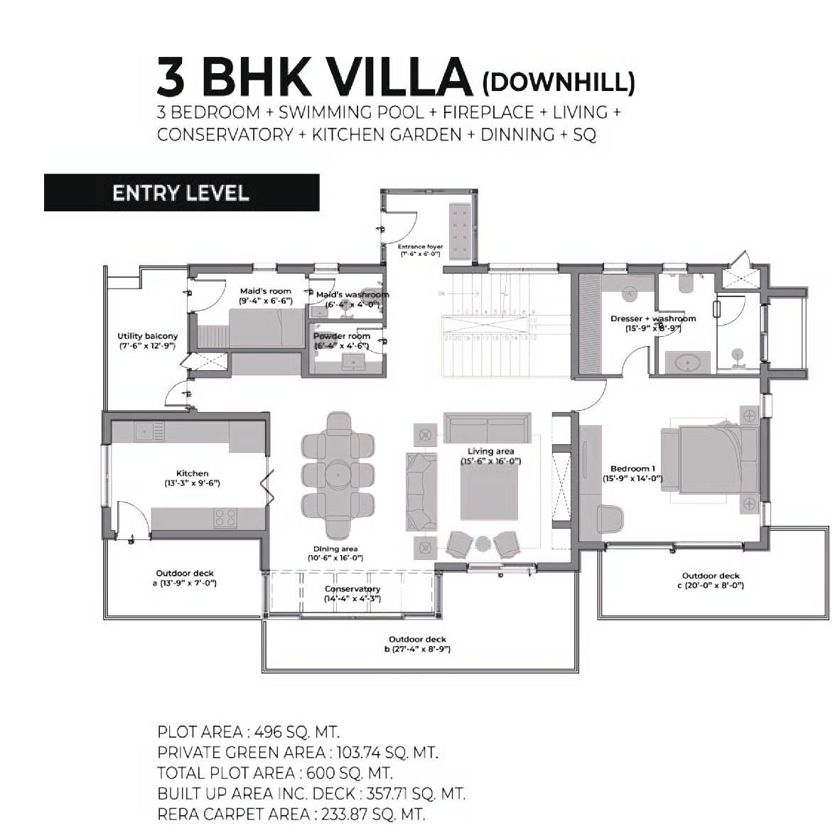 3 BHK Downhill Villa — Entry/Lower Floor Plan