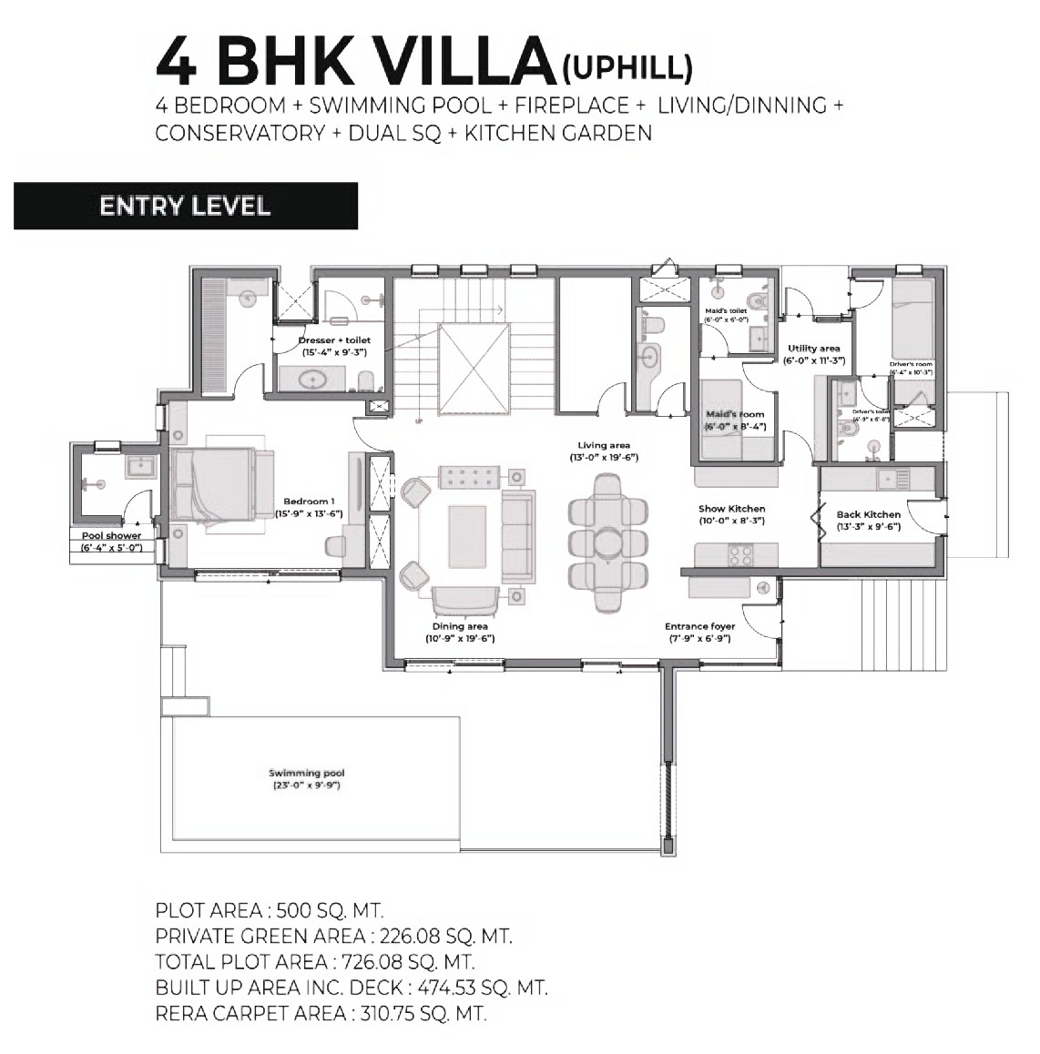 4 BHK Uphill Villa — Entry/Lower Floor Plan